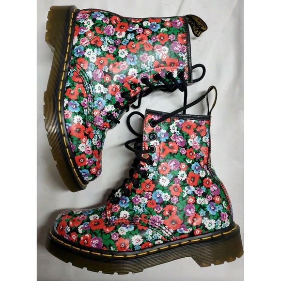 Dr. Martens Shoes - Dr. Martens 1460 Pascal Floral Mash Up Combat Boots Women Sz 5 Leather Lace Up